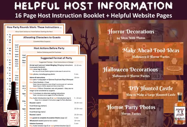 Host information provided for Murder at Horror Castle. Information includes host instruction booklet and lots of helpful pages on decorations, food and drink and party photos.