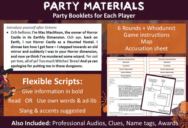Example of a character Party Booklet for Murder at Horror Castle with an example of our flexible script