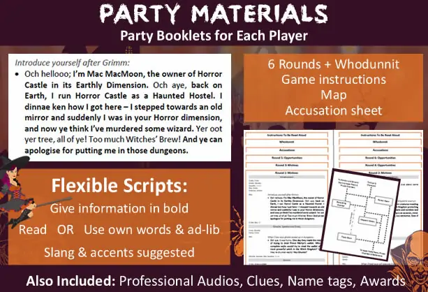 Example of a character Party Booklet for Murder at Horror Castle with an example of our flexible script; example shown is the booklet for Mac.