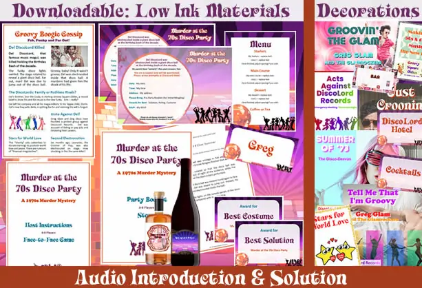 Downloadable party pack for Murder at the 70s Disco Party - low ink printing, audios and decorations