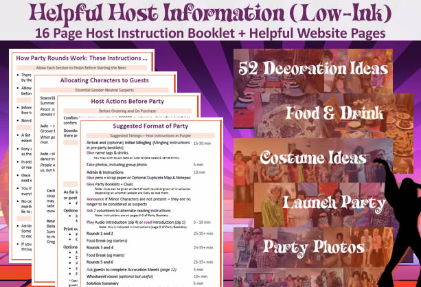 Host information provided for ‘Murder at the 70s Disco Party’ = host instruction booklet and lots of helpful pages on decorations, food and drink and party photos.