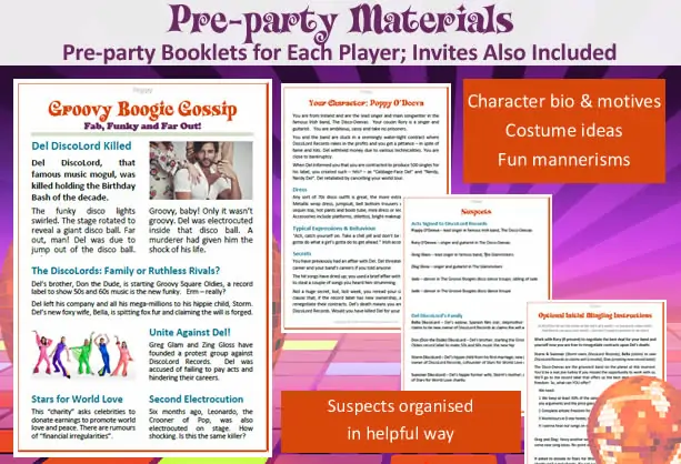 Example of a character's Pre-party Booklet given for ‘Murder at the 70s Disco Party’; example shown is Poppy’s booklet.