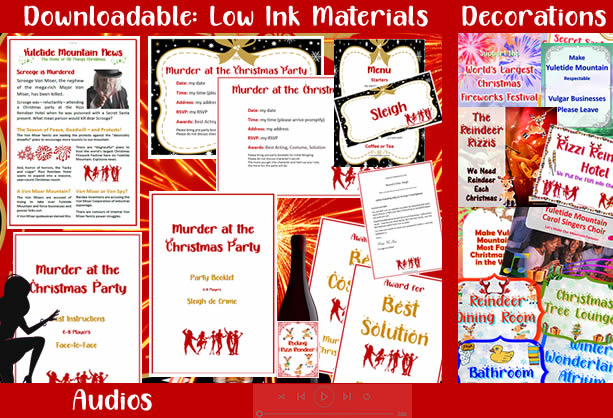 Downloadable party pack for Murder at the Christmas Party includes low ink options for printing and decorations