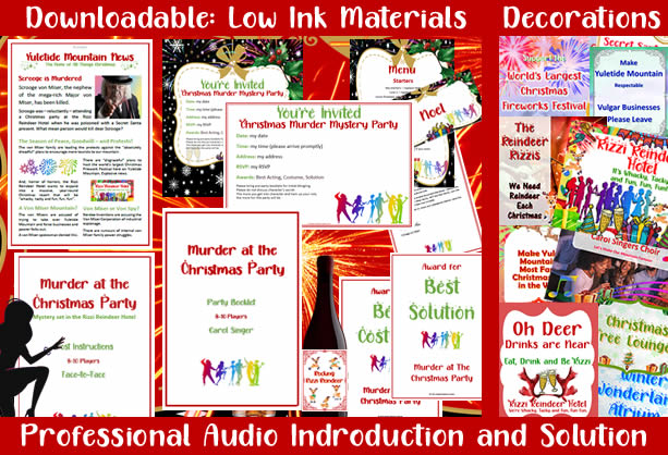 Downloadable party pack for Murder at the Christmas Party includes low ink options for printing and decorations