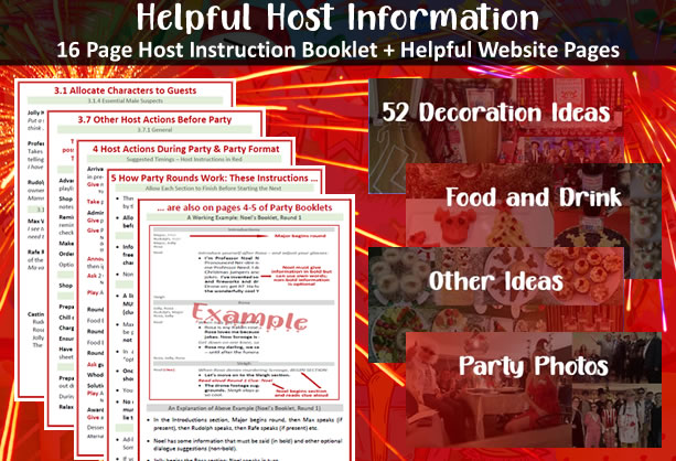 Host information provided for 'Murder at the Chrsitmas Party' = host instruction booklet and lots of helpful pages on decorations, food and drink and party photos.