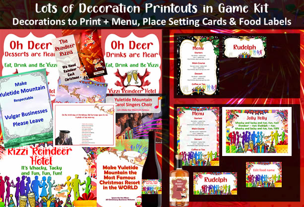 Example of 'Murder at the Christmas Party' game kit decoration printouts and menu, place setting cards, place mats, wine labels and editable food labels.