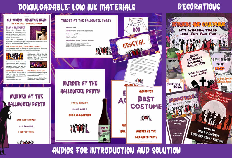 Downloadable game kit for 'Murder at the Halloween Party' includes low ink printing, decorations and audios