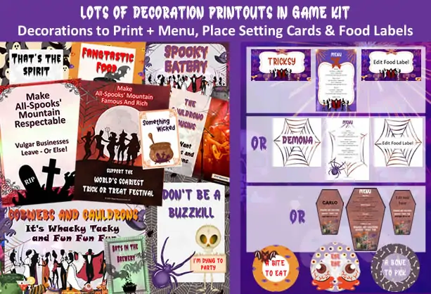 Example of 'Murder at the Halloween Party' game kit decoration printouts and menu, place setting cards and editable food labels.