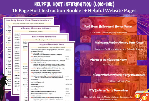 Host information provided for 'Murder at the Halloween Party' = host instruction booklet and lots of helpful pages on decorations, food and drink and party photos.