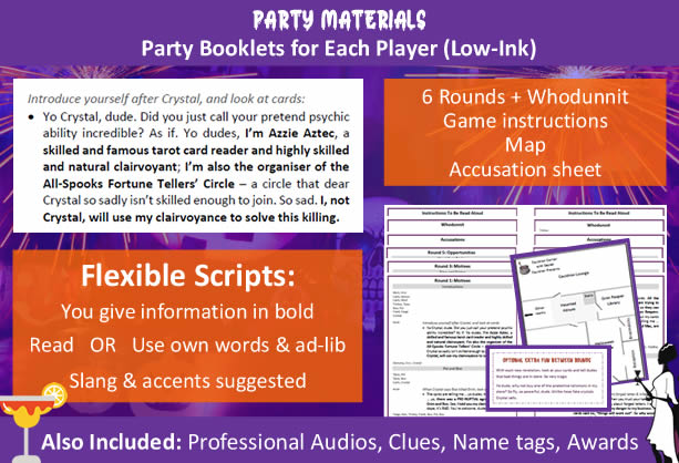 Example of a character's Party Booklet given for 'Murder at the Halloween Party' with an explanation of our flexible scripts; example show is Azzie's booklet.