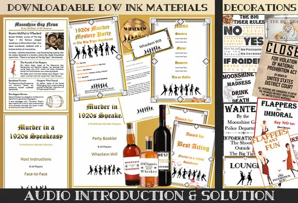 Downloadable party pack for Murder in a 1920s Speakeasy includes low ink printing, audios and decoration.