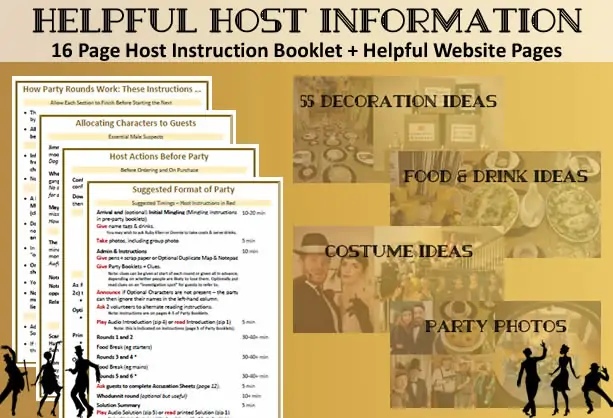 Host information provided for Murder in a 1920s Speakeasy - host instrucftion booklet and lots of helpful pages on costumes, decorations, food and drink and party photos.