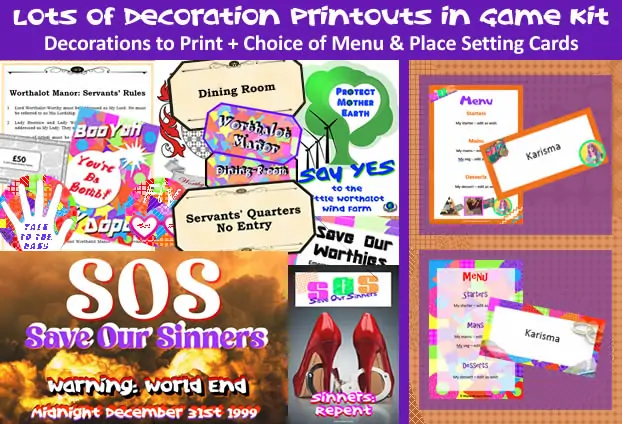 Example of ‘Murder in the Naughty Nineties’ game kit decoration printouts and menu, place setting cards and editable food labels.