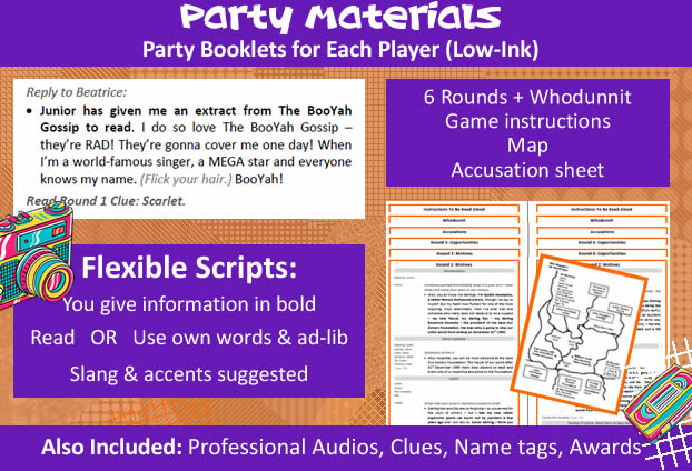 Example of a character's Party Booklet given for ‘Murder in the Naughty Nineties’ with an explanation of our flexible scripts; example shown is Scarlet Mopper's booklet