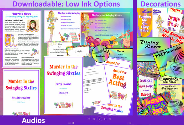 Downloadable party pack for Murder in the Swinging Sixties includes low ink options for printing, decorations and audios