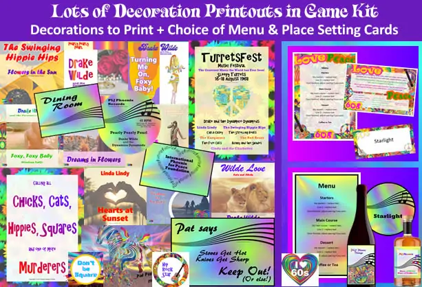 Example of ‘Murder in the Swinging Sixties’ game kit decoration printouts and menu, place setting cards and editable food labels.