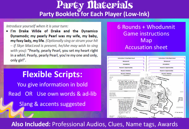 Example of a character's Party Booklet given for ‘Murder in the Swinging Sixties’ with an explanation of our flexible scripts; example shown is Drake Wilde’s booklet