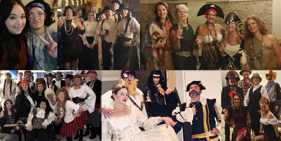 Selection of different murder mystery photos featuring all-adult customer parties