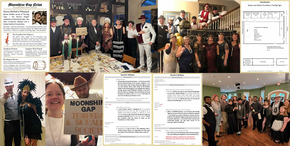 Script extracts from Mayor's party booklet together with customer party photos for' Murder in a 1920s Speakeasy' game