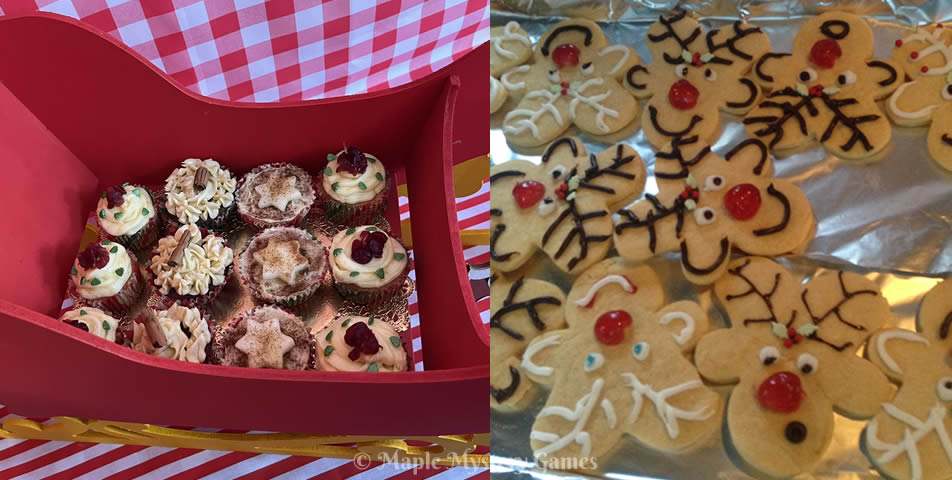 Left photo = North Pole cupcakes in a sleigh. Right photo = reindeer cookies.