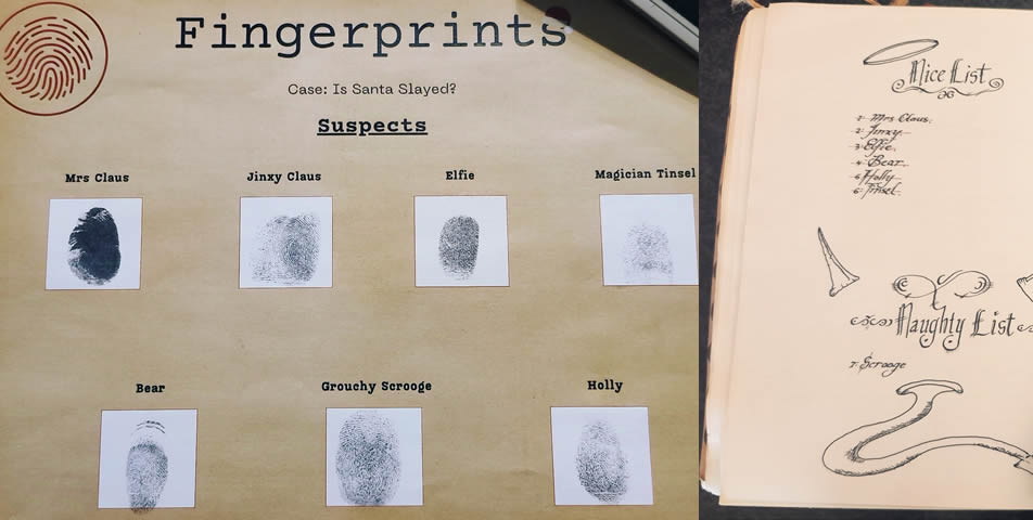 Fingerprints of North Pole suspects together with spellbook