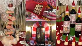 Left photo = candy cane North Pole signpost; middle photos = Santa's sleigh and candy cane party entrance; right photo = North Pole tablescape with Santa hats