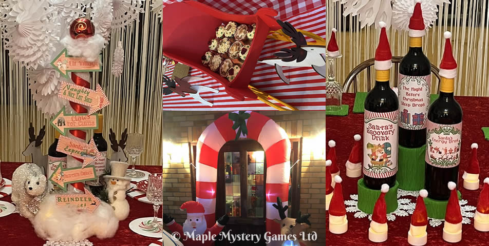 Left photo = candy cane North Pole signpost; middle photos = Santa's sleigh and candy cane party entrance; right photo = North Pole tablescape with Santa hats