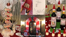 Left photo = candy cane North Pole signpost; middle photos = Santa's sleigh and candy cane party entrance; right photo = North Pole tablescape with Santa hats