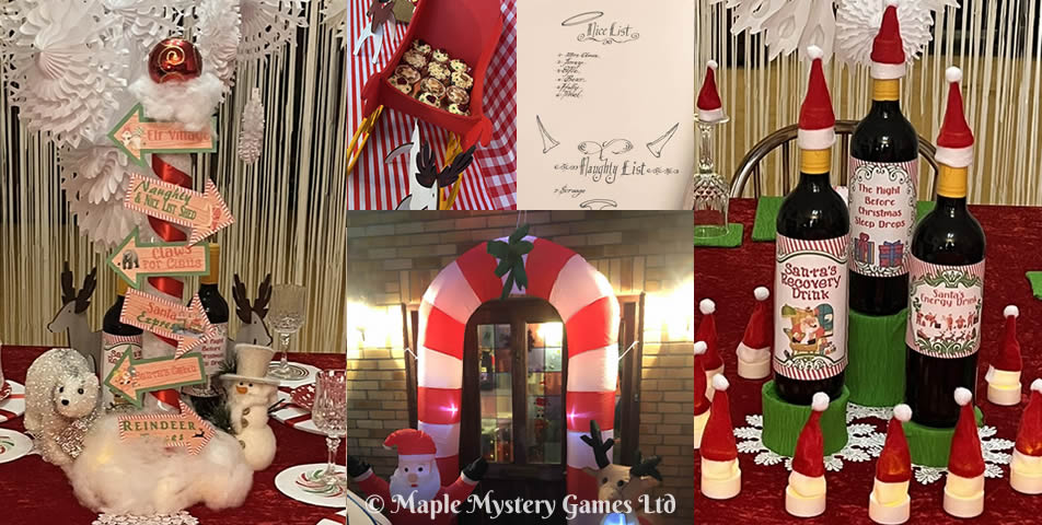 Left photo = candy cane North Pole signpost; middle photos = Santa's sleigh and candy cane party entrance; right photo = North Pole tablescape with Santa hats