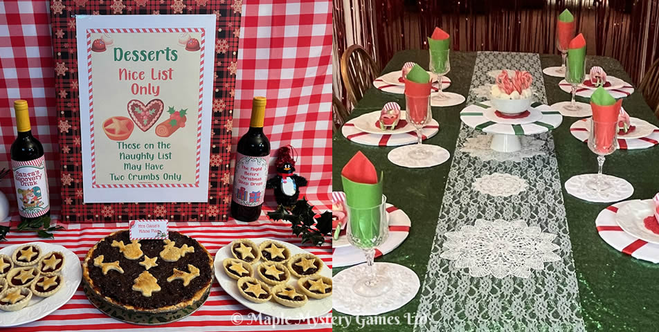 Left photo = Naughty and Nice List poster; right photo - green, white and red candy cane tablescape