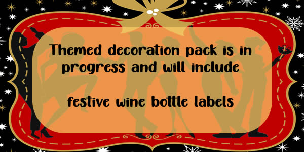 Party pack decorations include festive wine bottle labels