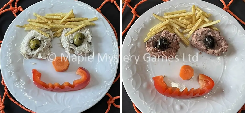 Homemade smoked mackerel pate and shop pate served as Halloween faces