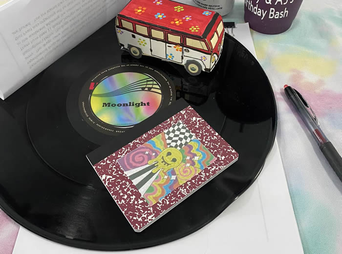 Peace van, personalised record place setting and notepad
