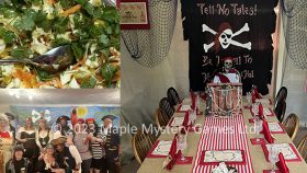 Pirate party food, dining table decor and table with guests