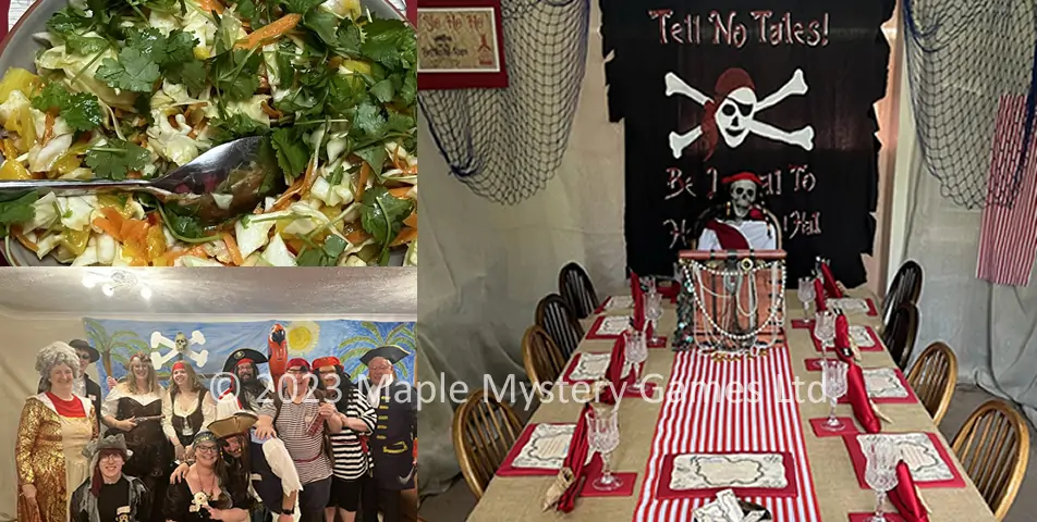 Pirate party food, dining table decor and table with guests