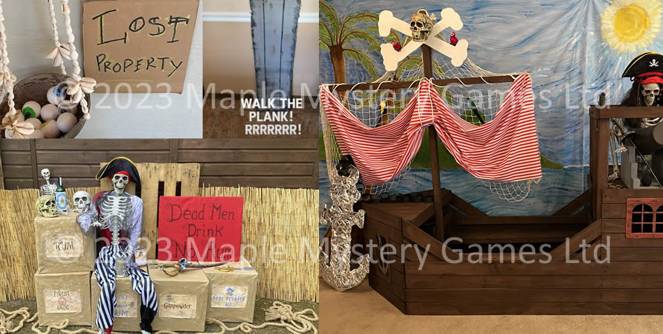Left images = Lost Property sign, walk the plank sign and skeleton with "Dead men drink no rum" sign; right image = pirate ship