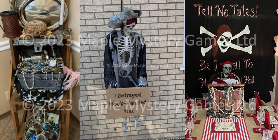 Murder mystery decorations from left: treasure chest and trinkets, skeleton entrance, and skull and crossbones backdrop to table