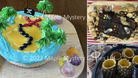 Pirate party desserts and drinks: left = treasure island cheesecake; top-right = treasure log cake; bottom-right = pineapple glasses