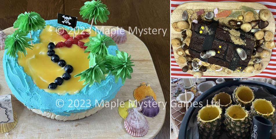 Pirate party desserts and drinks: left = treasure island cheesecake; top-right = treasure log cake; bottom-right = pineapple glasses