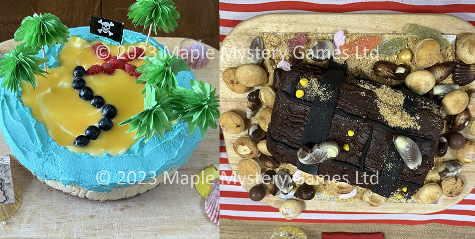 Pirate party desserts - treasure island cheesecake and treasure chest cake