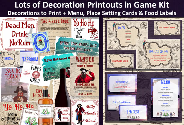 Example of ‘Pirates Plunder and Murder’ game kit decoration printouts and menu, place setting cards and editable food labels.