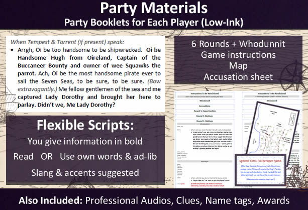 Example of a character's Party Booklet given for ‘Pirates Plunder and Murder’ with an explanation of our flexible scripts; example show is Handsome Hugh's booklet.