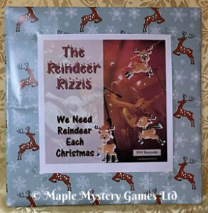 Printout framed on cardboard covered with reindeer wrapping paper