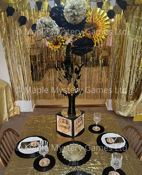 Black and gold speakeasy party tablescape