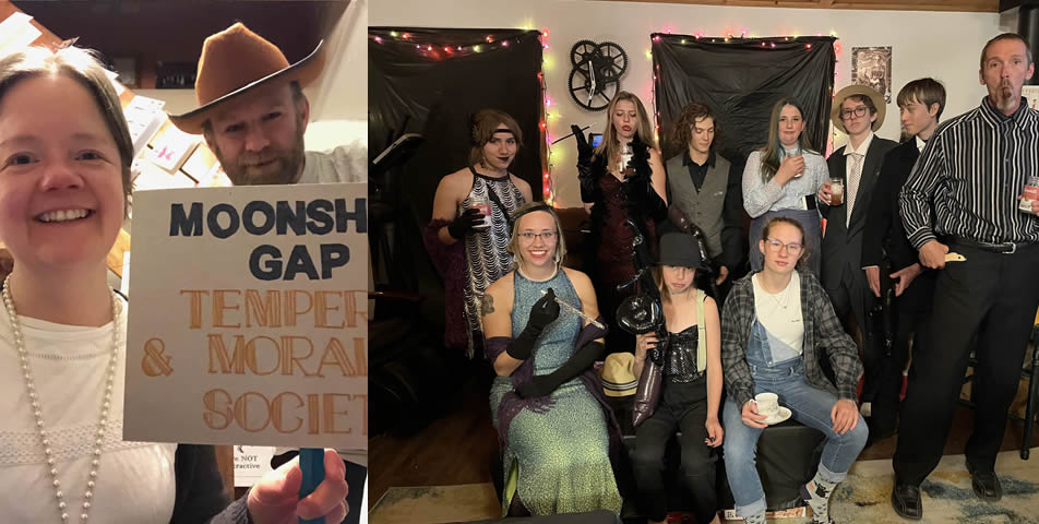 Customer outfits from two speakeasy murder mystery parties