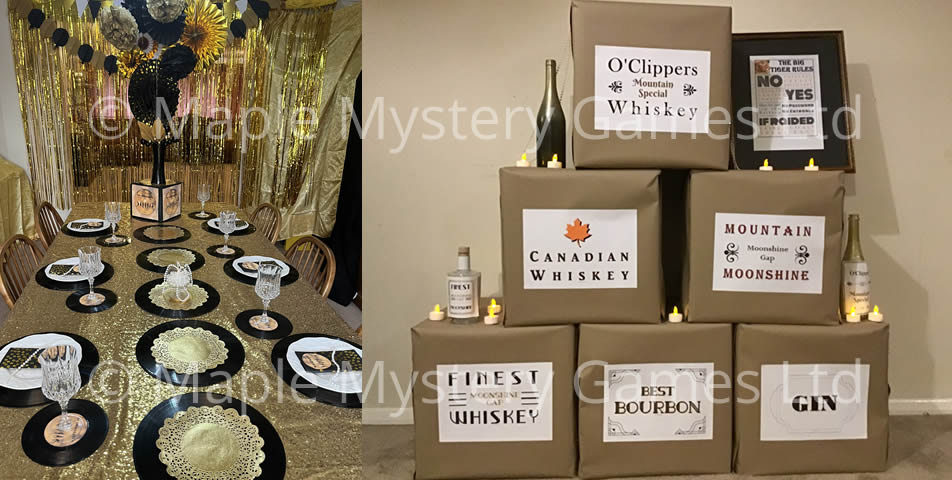 Speakeasy murder mystery party decorations: gold and black dining room and cardboard "crates" of moonshine