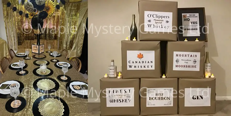 Speakeasy murder mystery party decorations: gold and black dining room and cardboard 