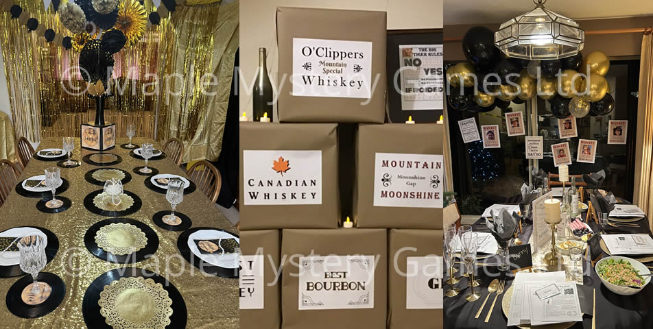 Speakeasy murder mystery party decorations: gold and black dining room; cardboard "crates" of moonshine; black and gold dining room