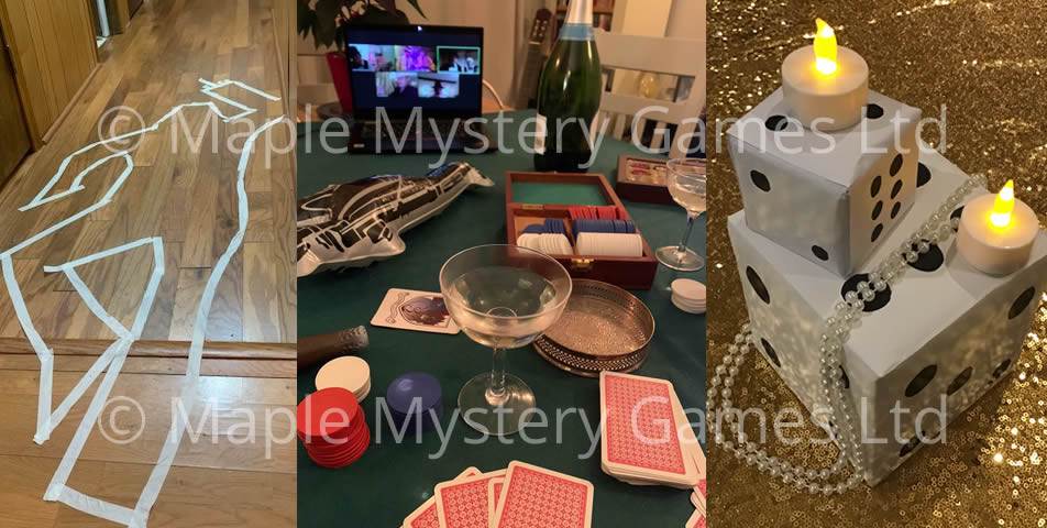 Speakeasy party decorations. Left: outline of body on floor. Middle: gambling table. Right: gambling table centerpiece.