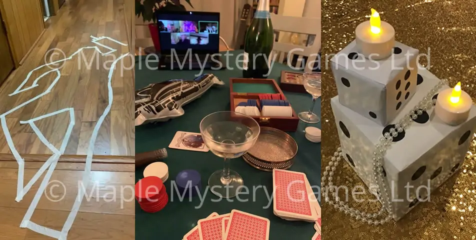 Speakeasy party decorations. Left: outline of body on floor. Middle: gambling table. Right: gambling table centerpiece.